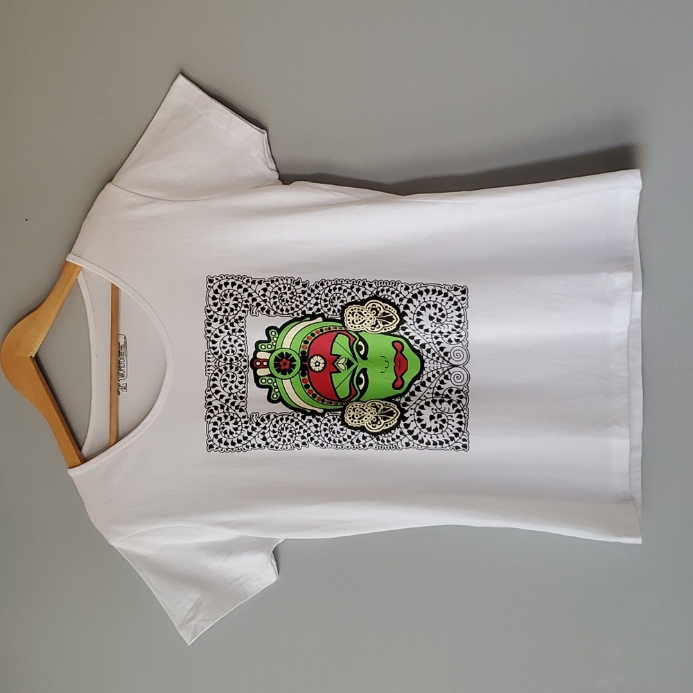 Tantra White Short Sleeve Scoop Neck Ganesha Tee Shirt Womens XL